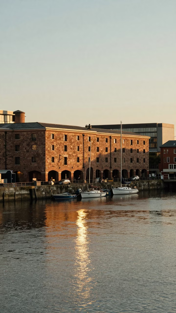 Golden Sunset Light Over Bristol Harbour with Historic Warehouses and Waterfront Activity in in Bristol, United Kingdom