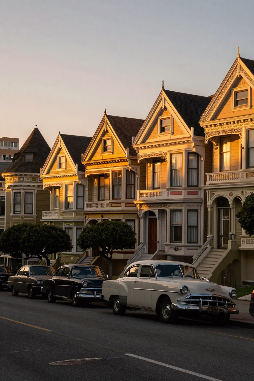 Golden Sunset Light Over San Francisco Victorian Row Houses and Parked Vintage Cars in in San Francisco, California, United States
