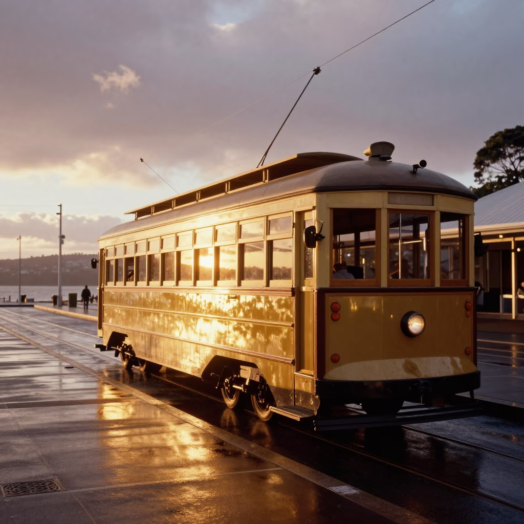 Golden Sunset Light Reflecting Off Vintage Tram Windows on Hobart's Derwent River Esplanade in in Hobart, Tasmania, Australia