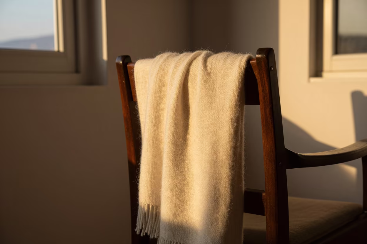 Golden Sunset Mohair Throw on Reading Chair in on a writing desk near Izmir