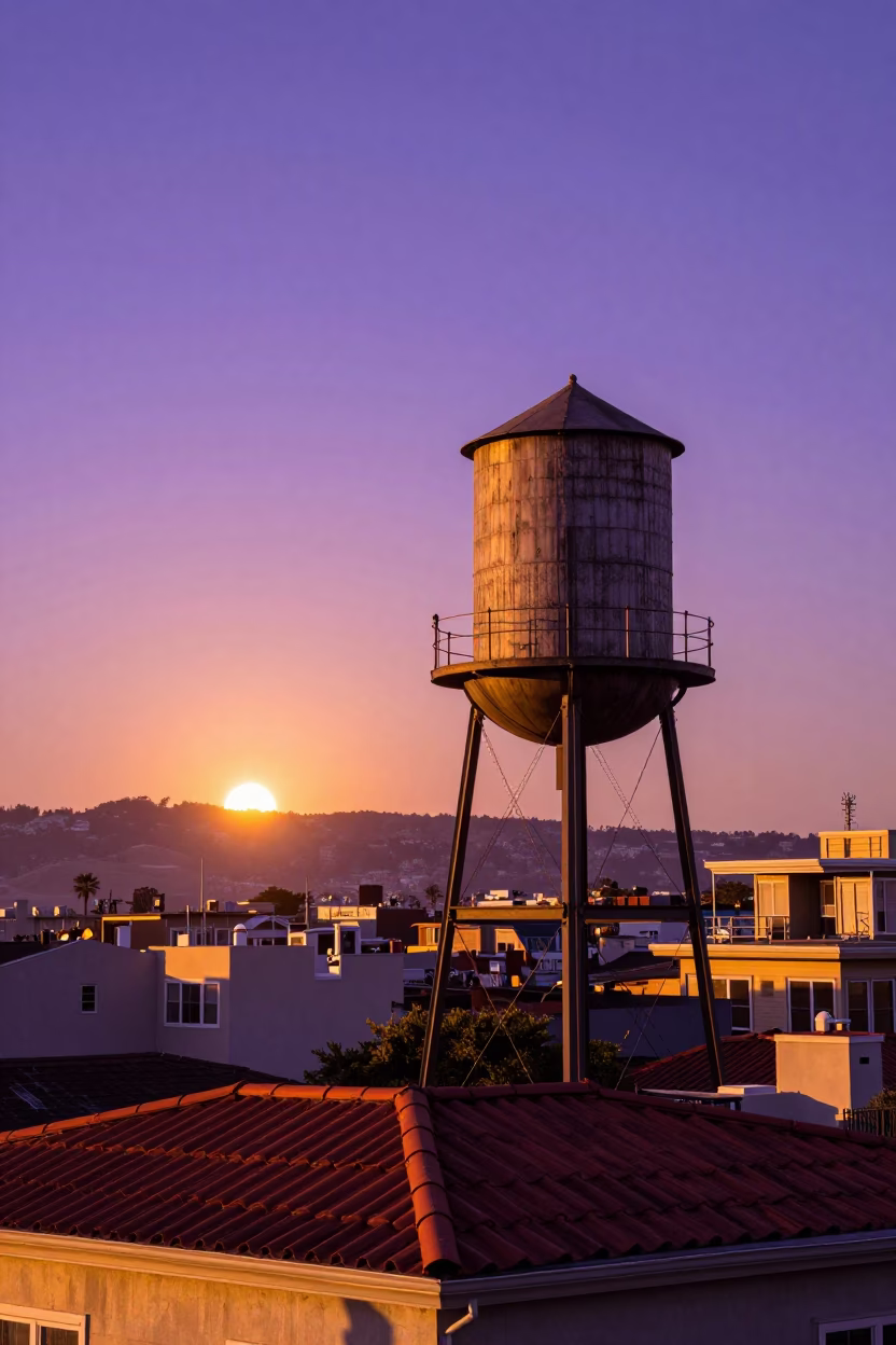 Golden Sunset Over San Francisco Rooftops With Water Tower And City Skyline in in San Francisco, California, United States