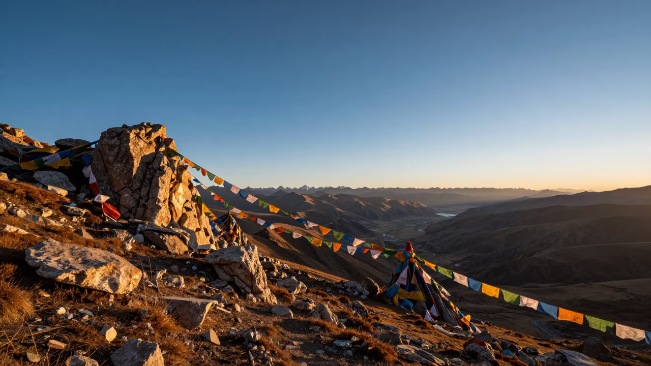 Golden Sunset Prayer Flags on Lhasa Mountain Pass in at a rocky saddle overlooking a mountain valley near Lhasa