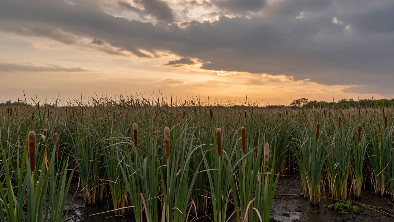 Golden Sunset Reed Bed Cattails UK Panorama in in United Kingdom