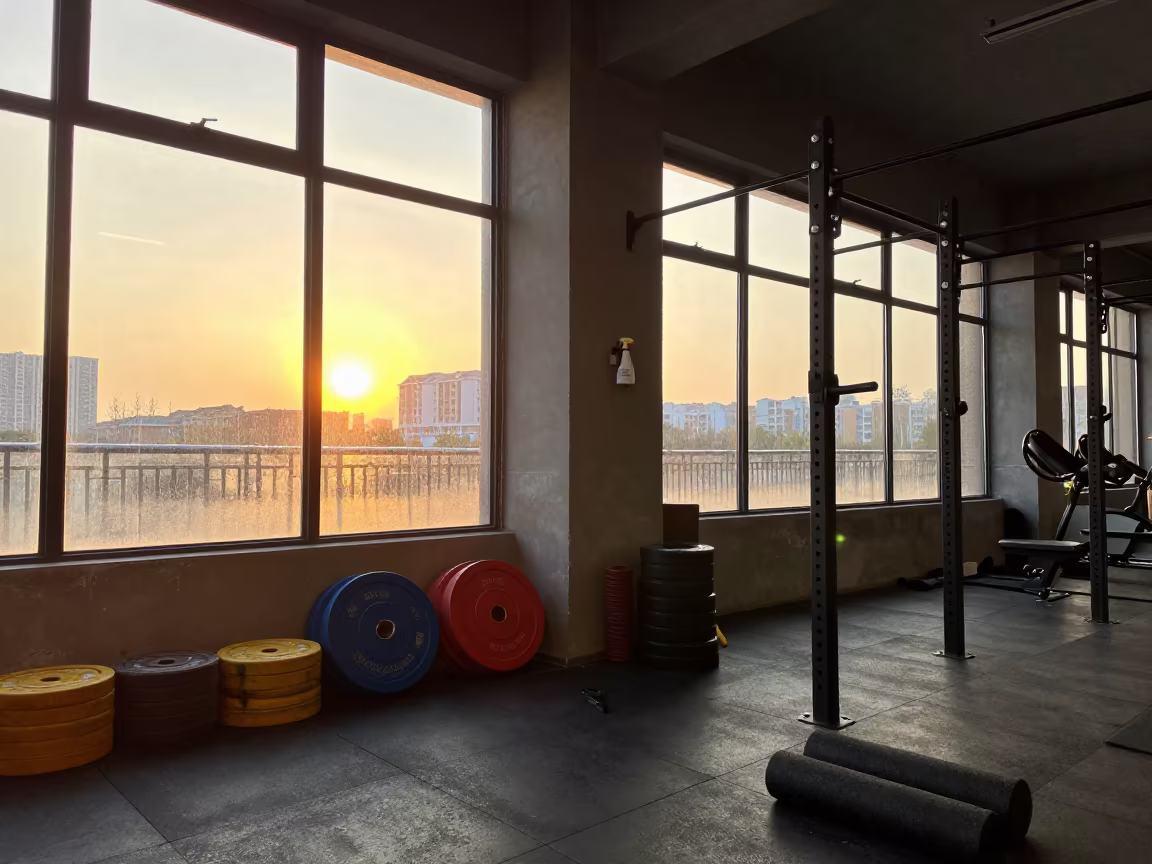 Golden Sunset Reflections in Dalian Strength Room in inside a recovery lounge beside foam rollers in Dalian