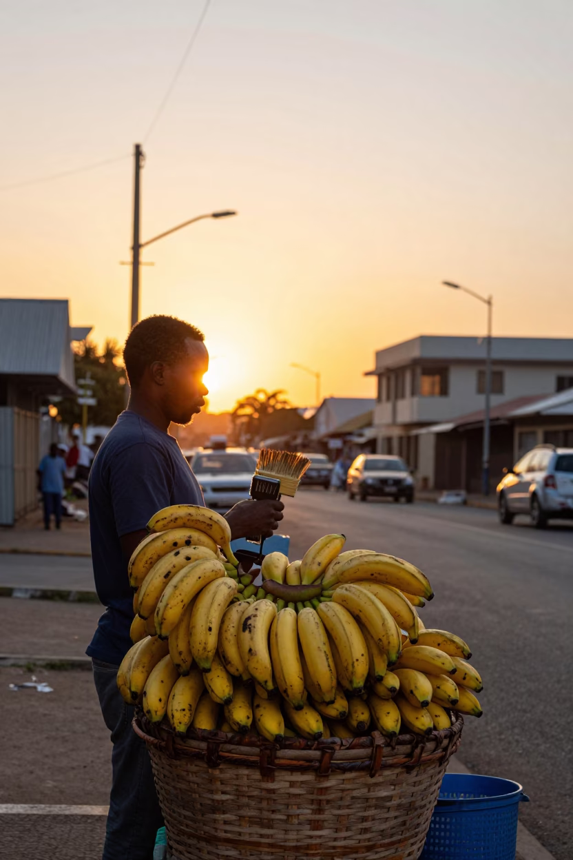Golden Sunset Street Scene in Durban South Africa with Bananas and Brushed Steel Rim in in Durban, South Africa