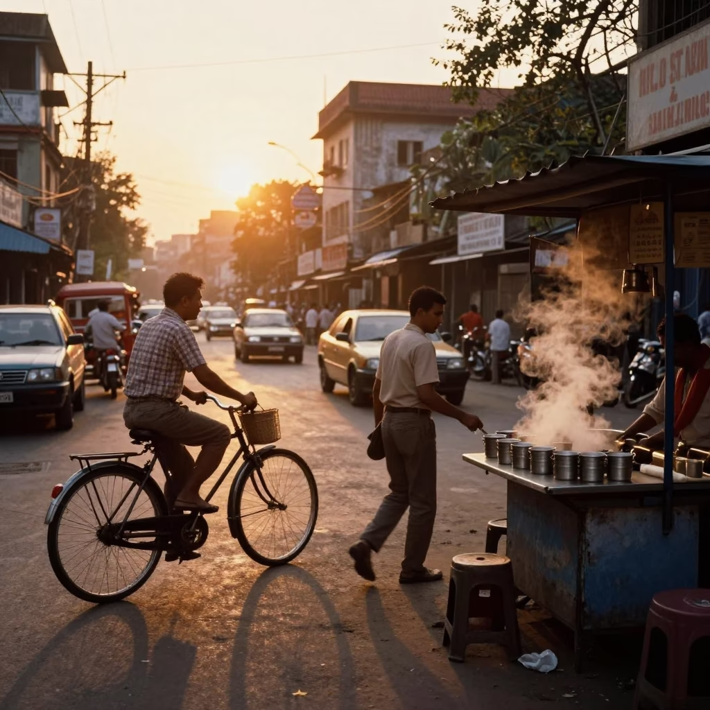 Golden Sunset Street Scene in Kolkata India with Bicycle and Local Life in in Kolkata, India
