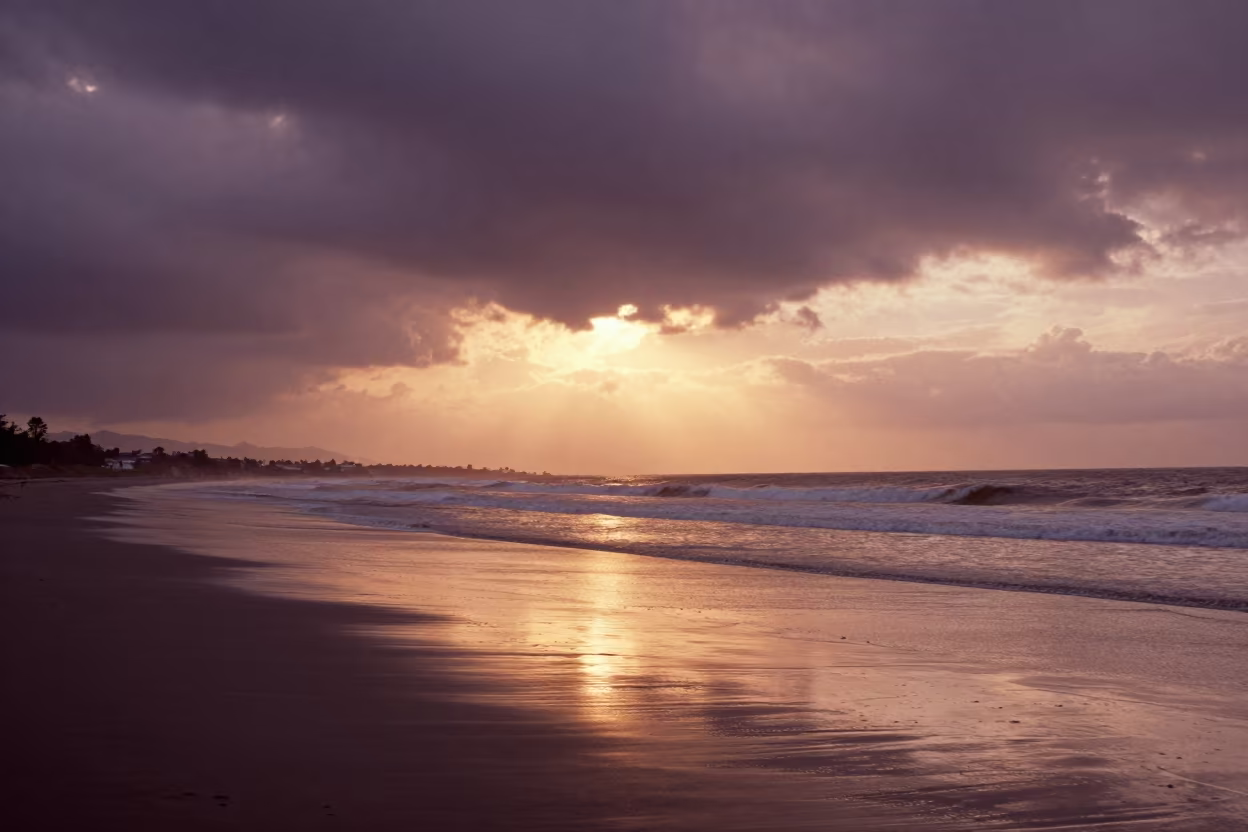 Golden Sunset Over Wet Tidal Flats Near Quito in along a wave-cut shoreline near Quito