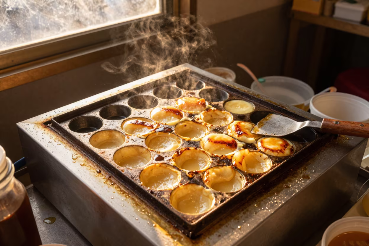 Golden Takoyaki Turning on Grill in Osaka Market in at a market stall counter in Osaka