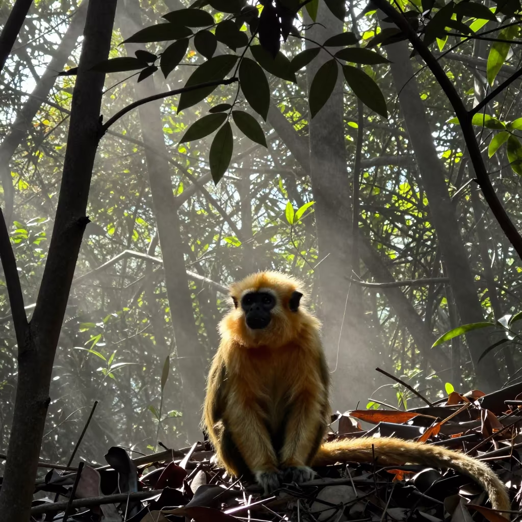 Golden Tamarin Silhouetted in Dappled Noon Light in in Hubei