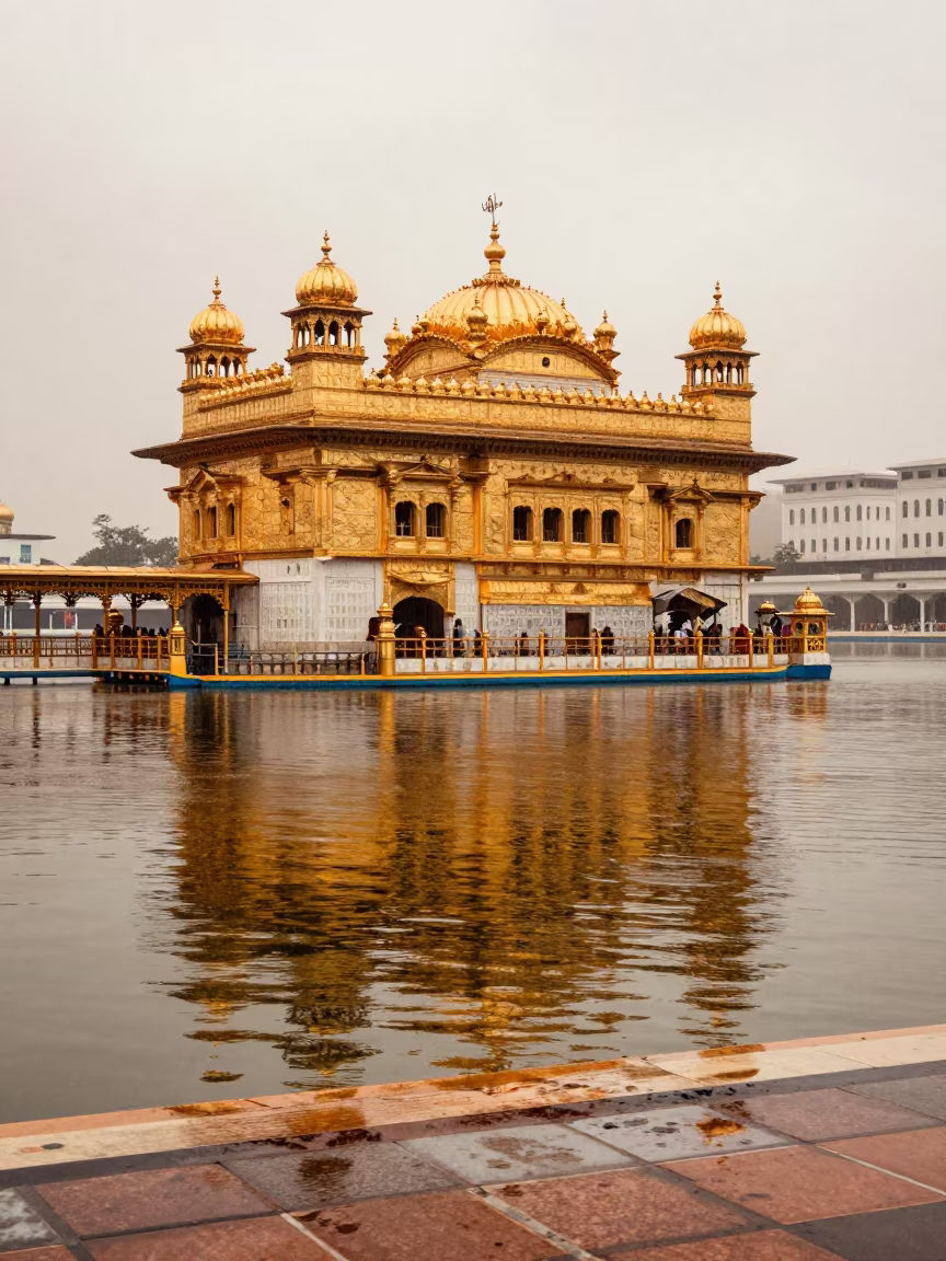 Golden Temple Reflection in Monsoon Pool in beneath a pagoda roof near Brasilia