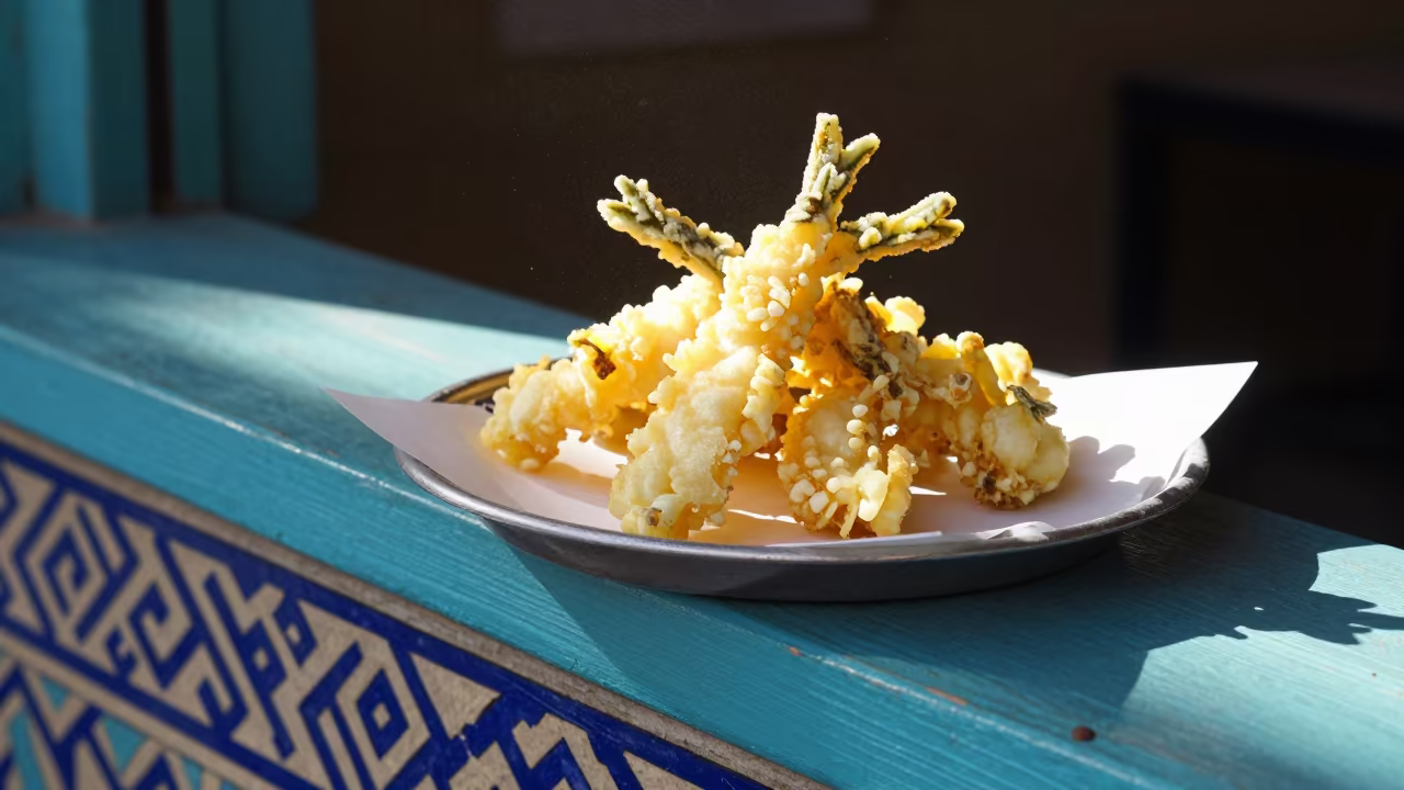 Golden Tempura Platter On Ledge In Isfahan in on a painted display ledge in Isfahan
