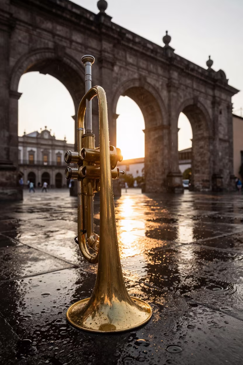 Golden Trumpet in Rainy Mexico City Plaza in on an outdoor festival stage in Centro Historico, Mexico City