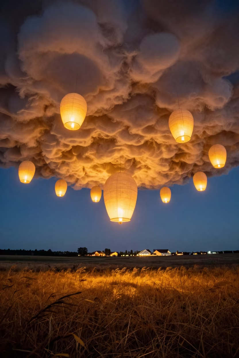 Golden Twilight Sky Filled With Giant Lanterns in across a storm-bright plain in Kansas