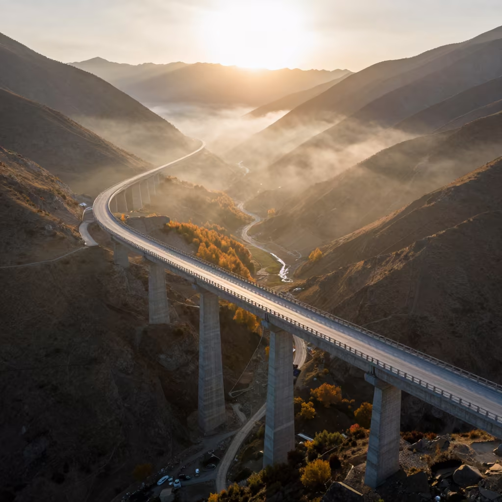 Golden Viaduct Over Fog Valley Tibet Autumn in along a bridge maintenance walkway in Tibet