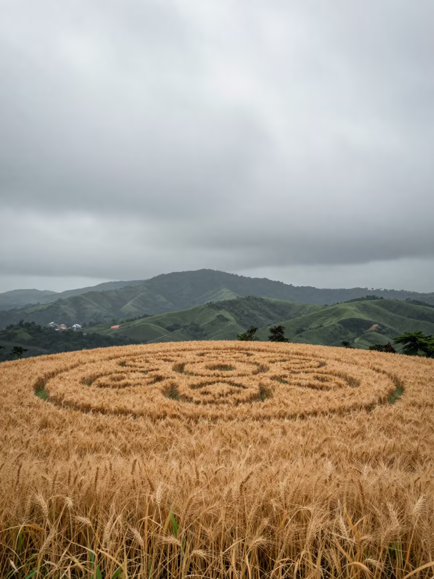 Golden Wheat Circle on Rainy Foothills in from a ridge above layered foothills near Johor Bahru