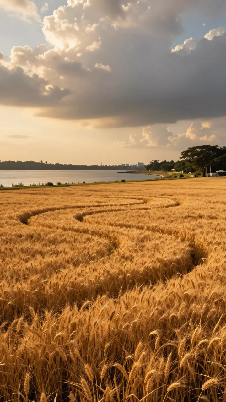 Golden Wheat Circle on Singapore Shoreline Sunset in along a wave-cut shoreline in Singapore