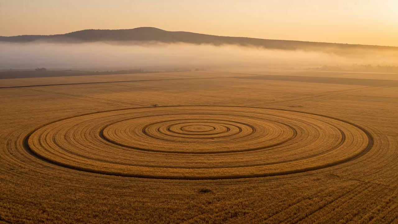 Golden Wheat Crop Circle in Winter Mist in from a ridge above layered foothills near Al Mokattam