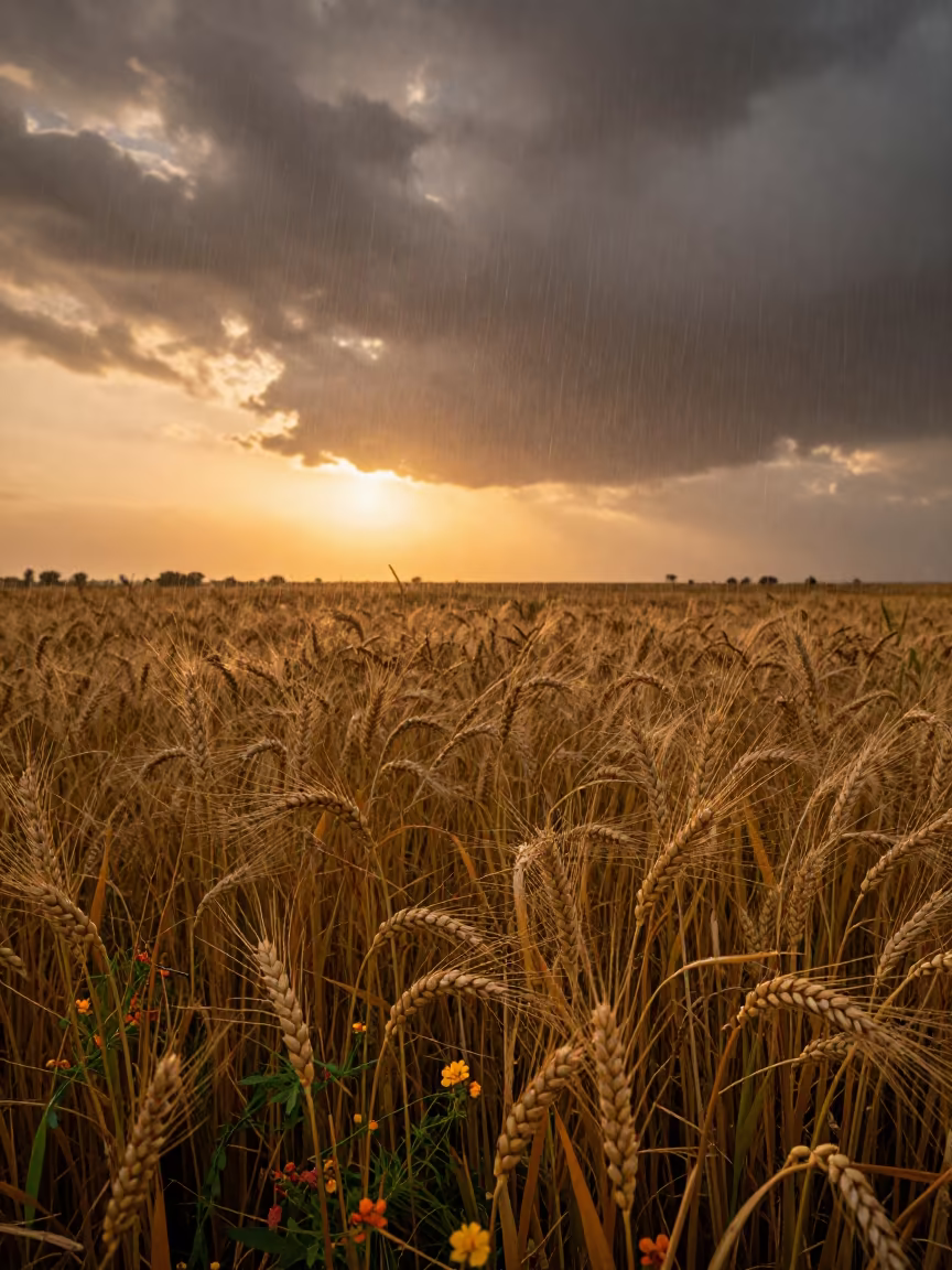 Golden Wheat Field Sunset Abu Dhabi Monsoon Rain in in a bloom-heavy meadow near Abu Dhabi