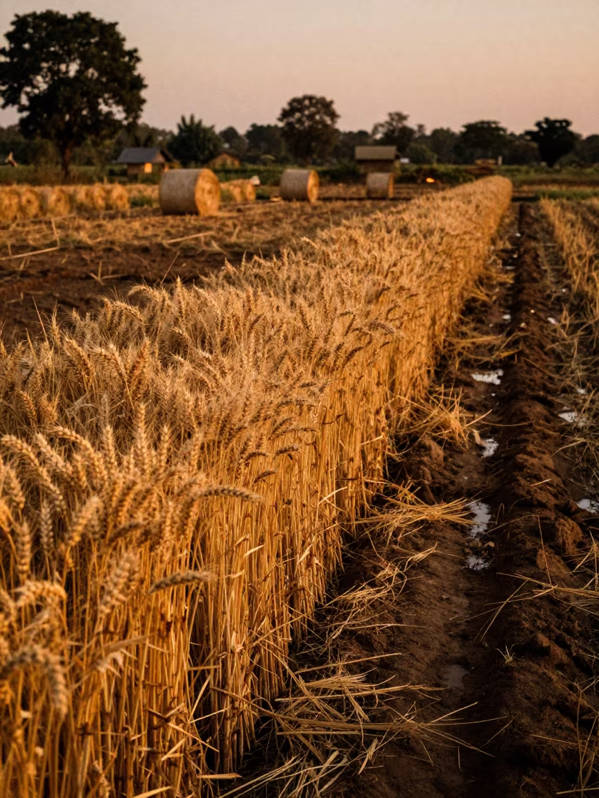 Golden Wheat Stalks Before Harvest in Cambodia in beside stacked hay bales in Cambodia
