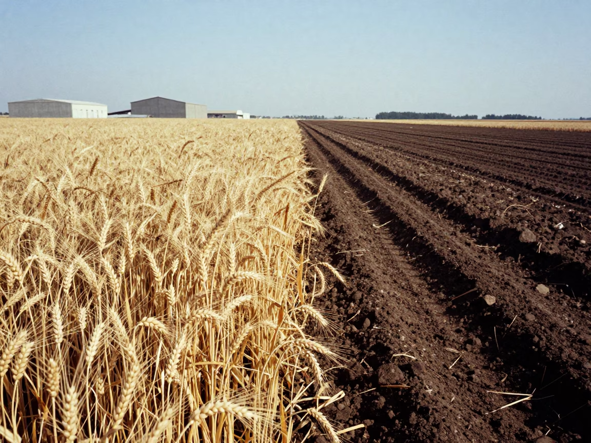 Golden Wheat Stalks Beside Tractor Track in beside a tractor track through dark soil near 798 Art District, Beijing