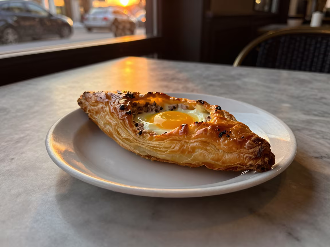Golden Winter Light on Tunisian Brik Pastry in on a marble cafe table in Bukhara