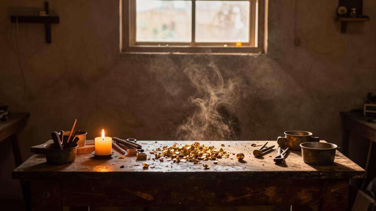 Goldsmith Bench Evening Light Conakry in inside a goldsmith workshop behind the market lane in Conakry