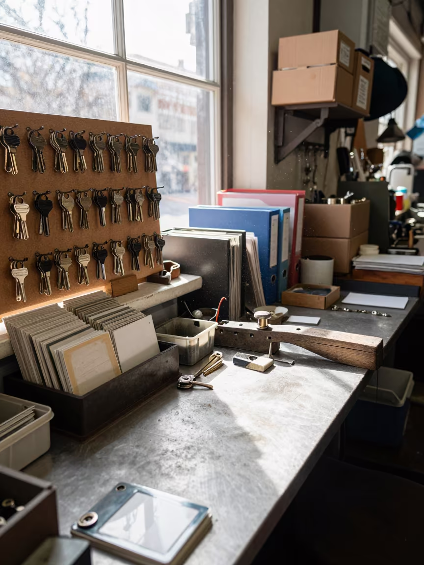 Goldsmith Bench Key Ring Board in Hamilton Bazaar in at a goldsmith bench in a bazaar jewelry lane in Hamilton
