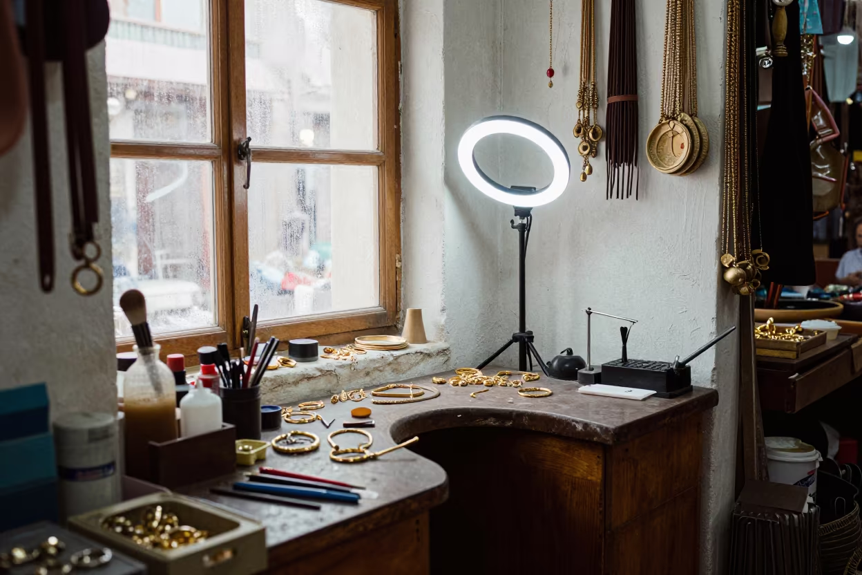 Goldsmith Bench Makeup Corner in Siwa Bazaar in at a goldsmith bench in a bazaar jewelry lane in Siwa