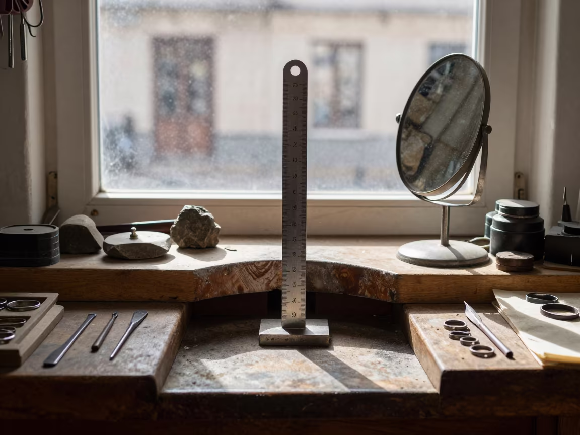 Goldsmith Bench Ring Chart in Late Spring Bazaar in at a goldsmith bench in a bazaar jewelry lane near Rybnik