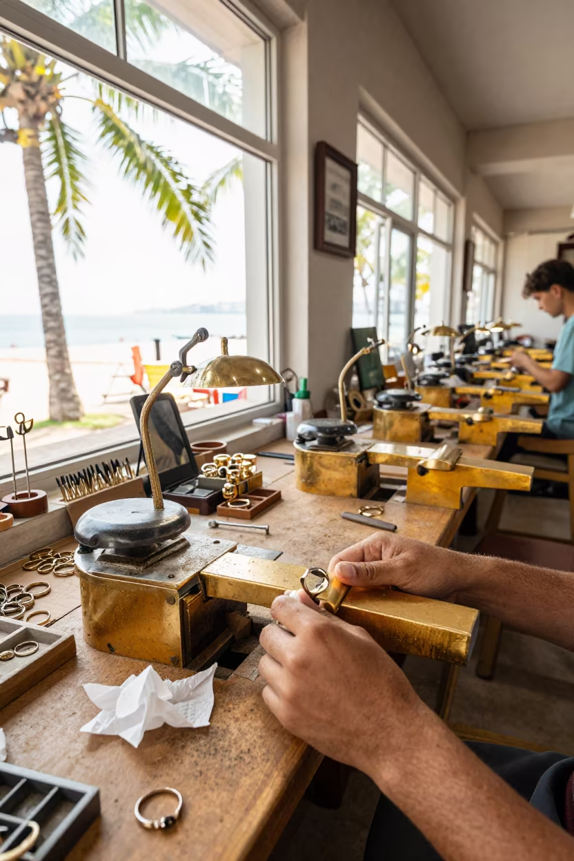 Goldsmith Bench Ring in Qingdao Bazaar in at a goldsmith bench in a bazaar jewelry lane near Qingdao