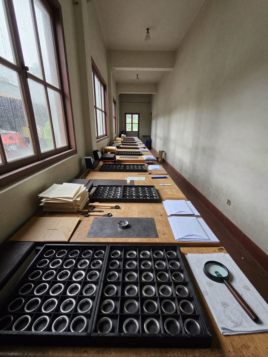 Goldsmith Bench Ring Trays in Kampong Cham Bazaar in at a goldsmith bench in a bazaar jewelry lane in Kampong Cham