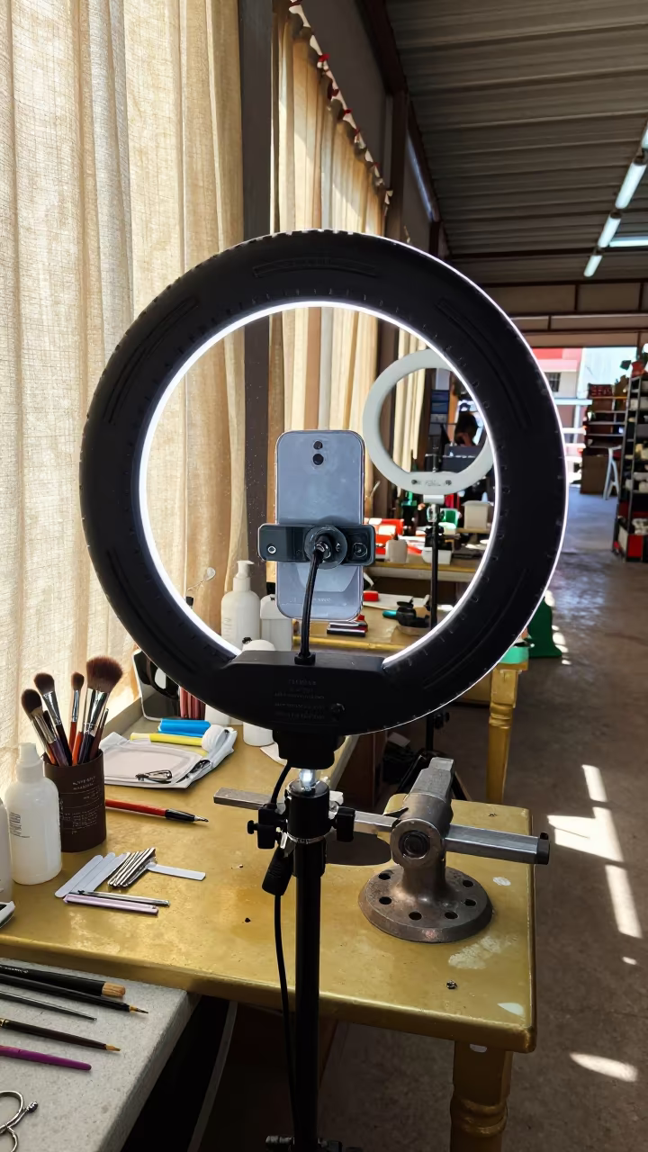 Goldsmith Bench Selfie with Brushes in Dry Season Light in at a goldsmith bench in a bazaar jewelry lane near Quevedo