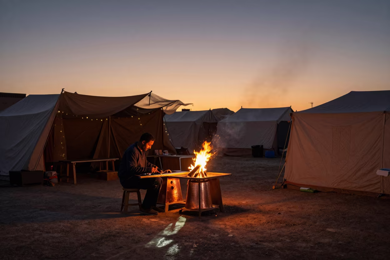 Goldsmith Bench Tents Campfire Dusk in at a goldsmith bench in a bazaar jewelry lane in Taourirt
