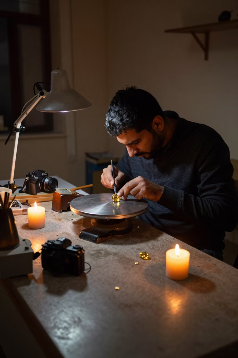 Goldsmith Cuts Gemstone in Benha Evening Light in inside a goldsmith workshop behind the market lane in Benha