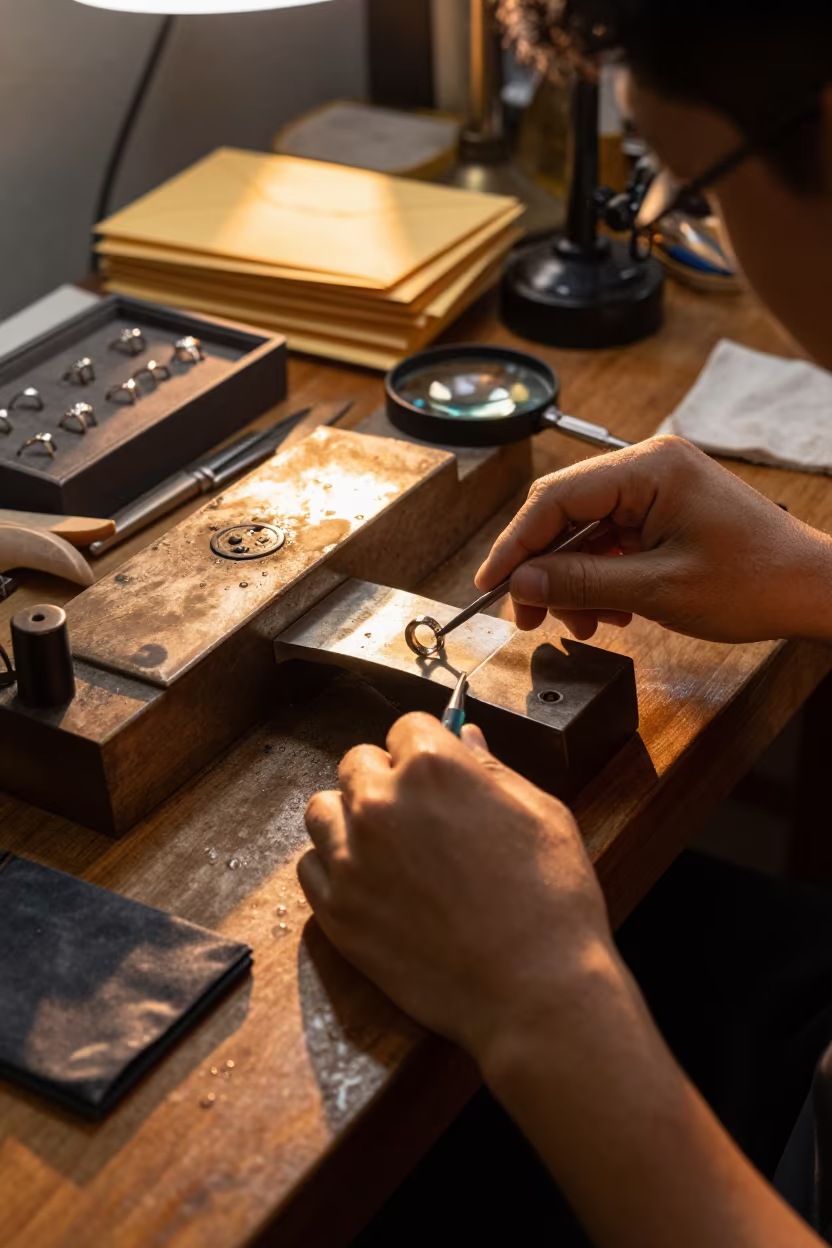 Goldsmith Desk Sunset Amber Light Bangkok Workshop in inside a goldsmith workshop behind the market lane near Bangkok