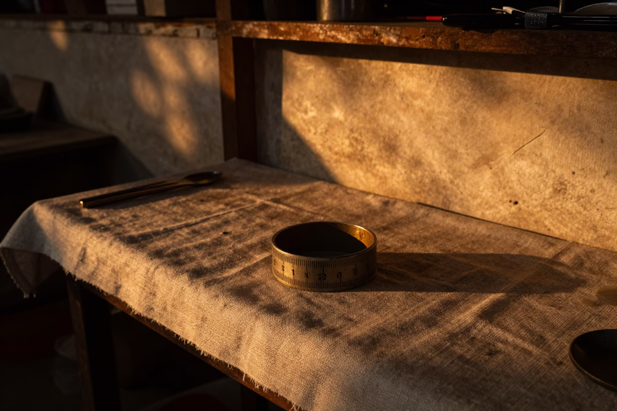 Goldsmith Ring on Linen Table in Phnom Penh in at a goldsmith bench in a bazaar jewelry lane in Phnom Penh