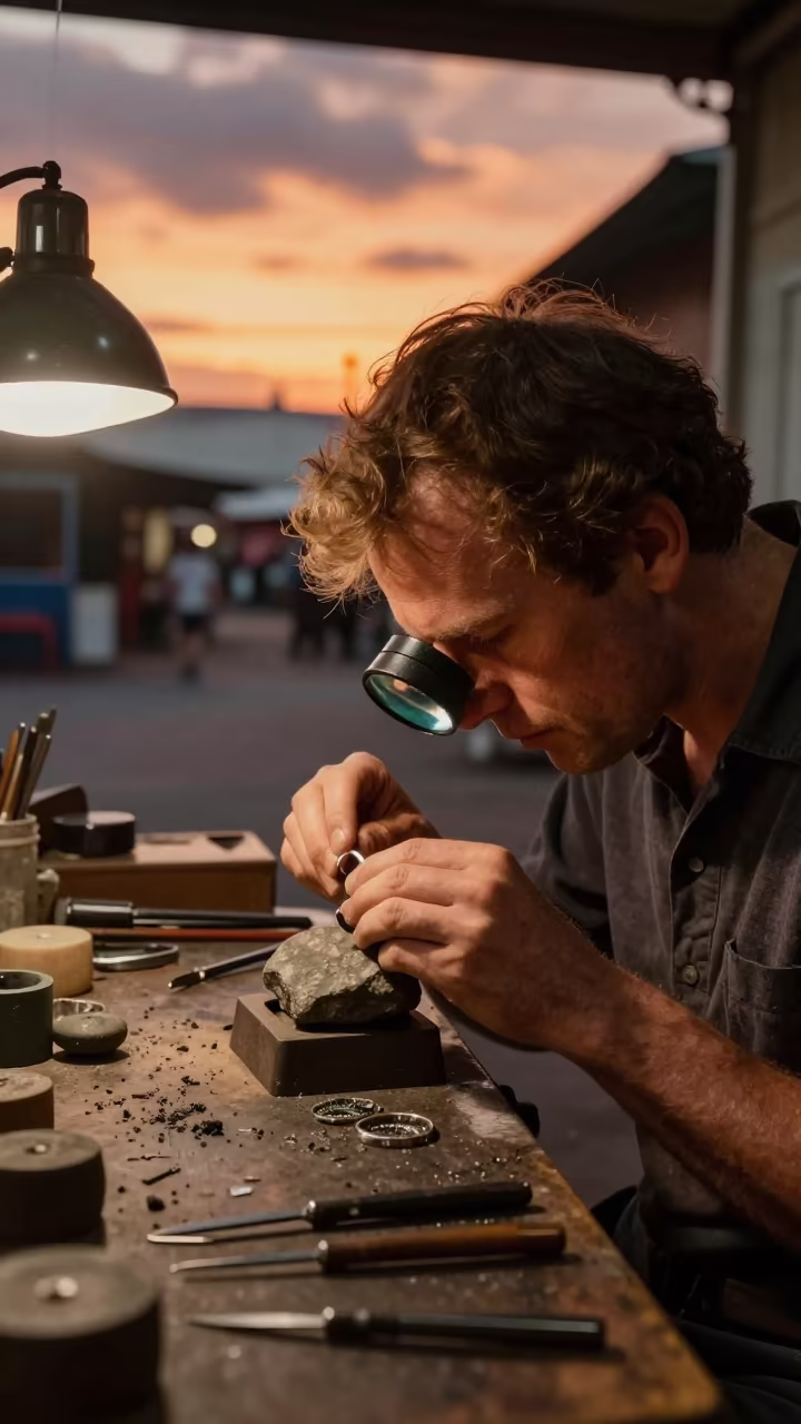 Goldsmith Setting Stone in Amber Sunset Light in inside a goldsmith workshop behind the market lane near Cape Town