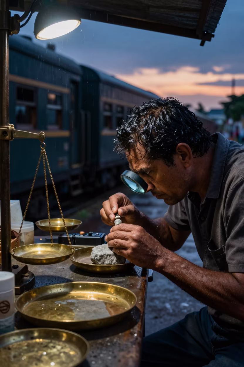 Goldsmith Setting Stone Amidst Train Car in Twilight in inside a jeweler's stall with brass scales and trays near Maracay