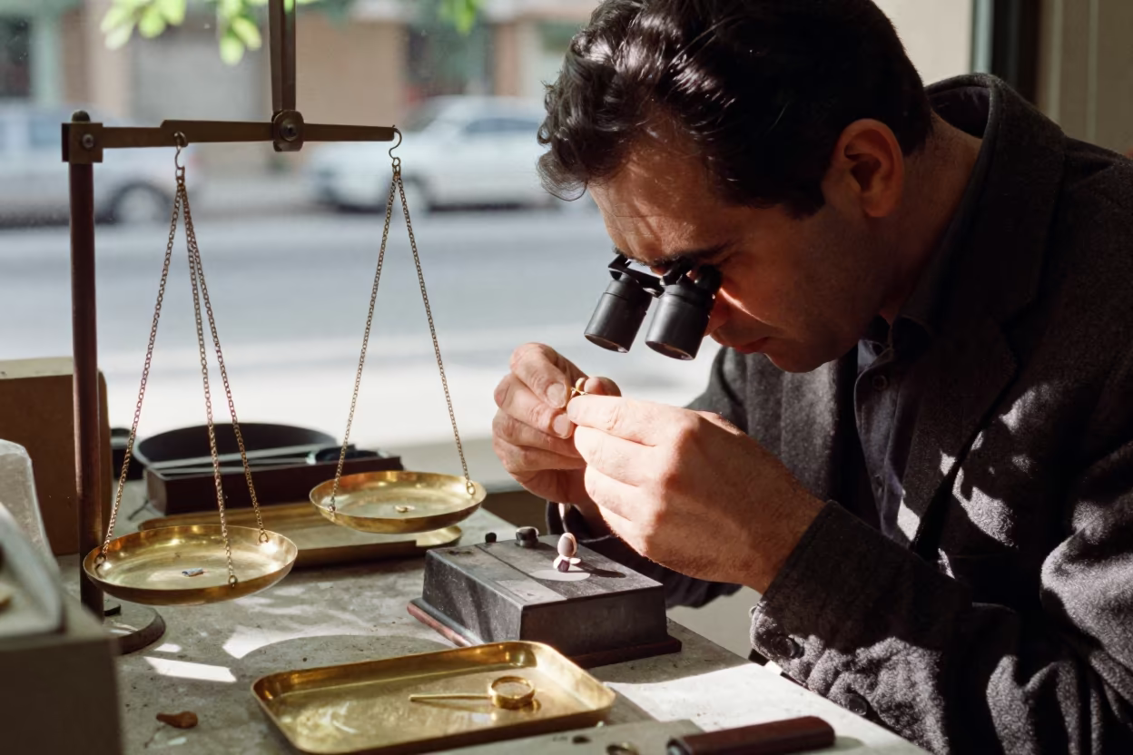 Goldsmith Setting Stone in Kerman Stall in inside a jeweler's stall with brass scales and trays in Kerman