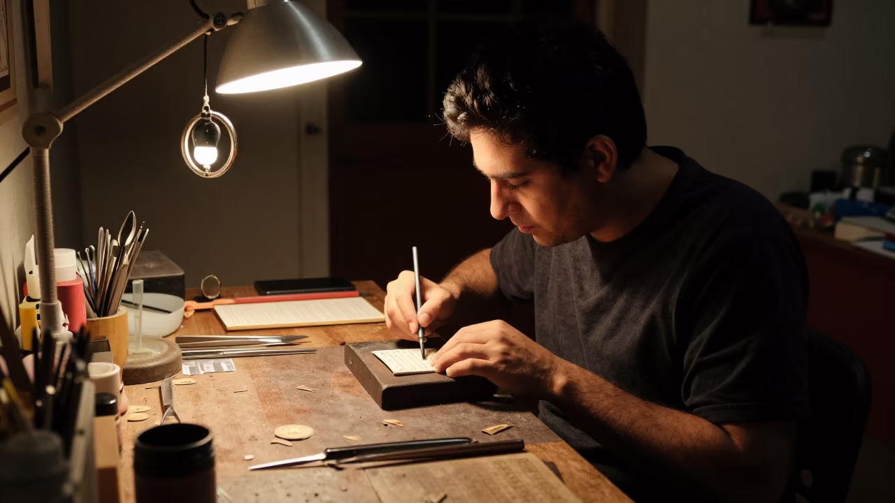 Goldsmith Studio at Midnight with Ring Lights in inside a goldsmith workshop behind the market lane near Santiago de los Caballeros