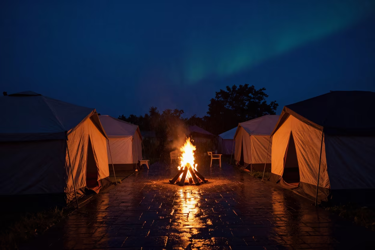 Goldsmith Tents Under Night Sky in Battambang in at a goldsmith bench in a bazaar jewelry lane in Battambang