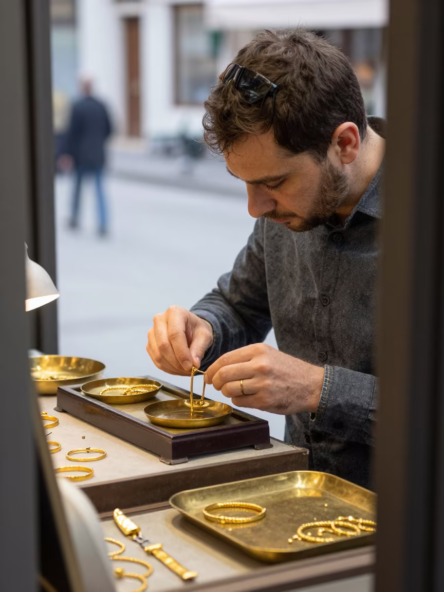 Goldsmith Weighing Gold Bracelet Brass Scale Istanbul in inside a jeweler's stall with brass scales and trays near Istanbul