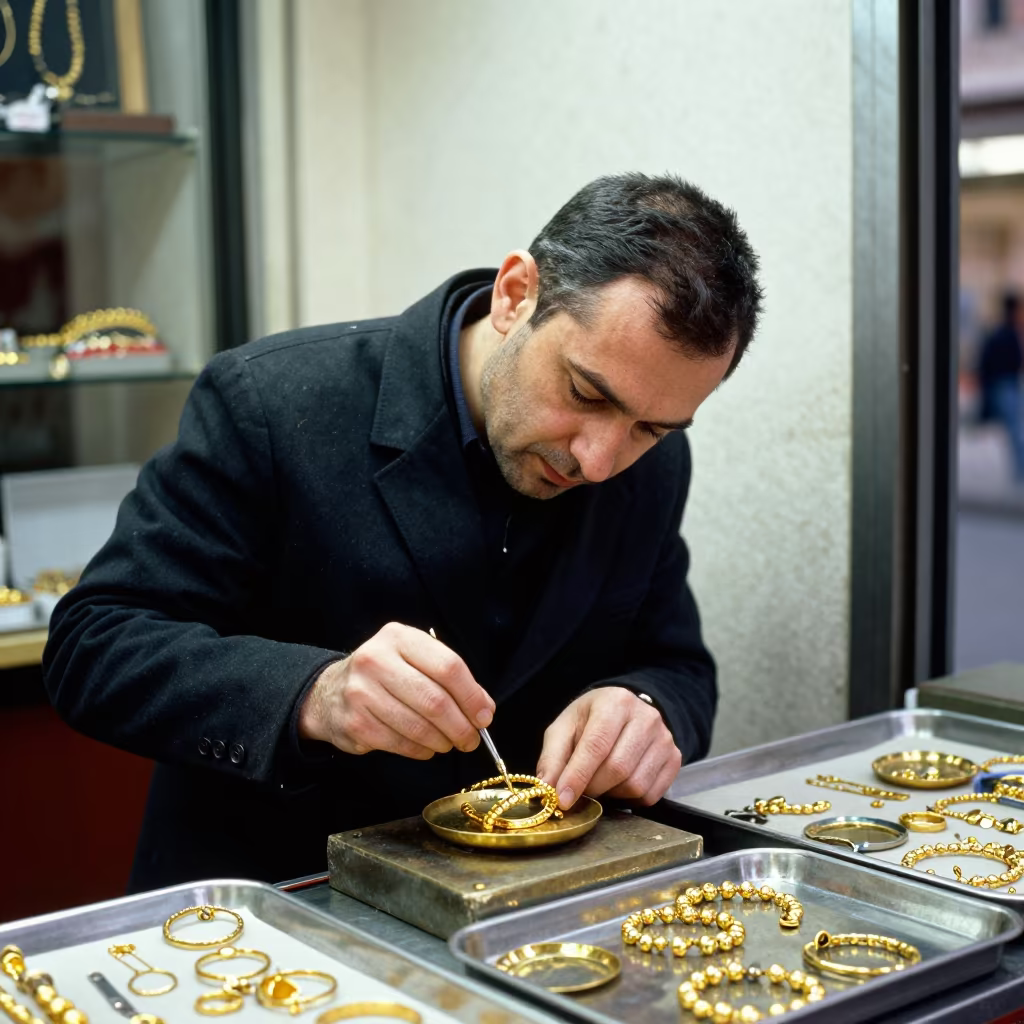 Goldsmith Weighs Bracelet on Brass Scale in Istanbul in inside a jeweler's stall with brass scales and trays in Istanbul
