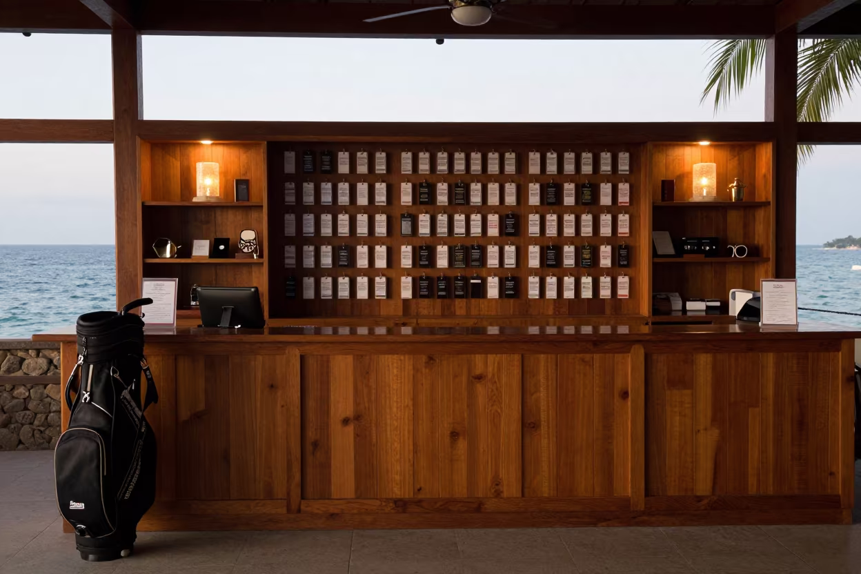 Golf Bag Tag Board at Mombasa Reception Desk in at a reception desk under warm light in Mombasa