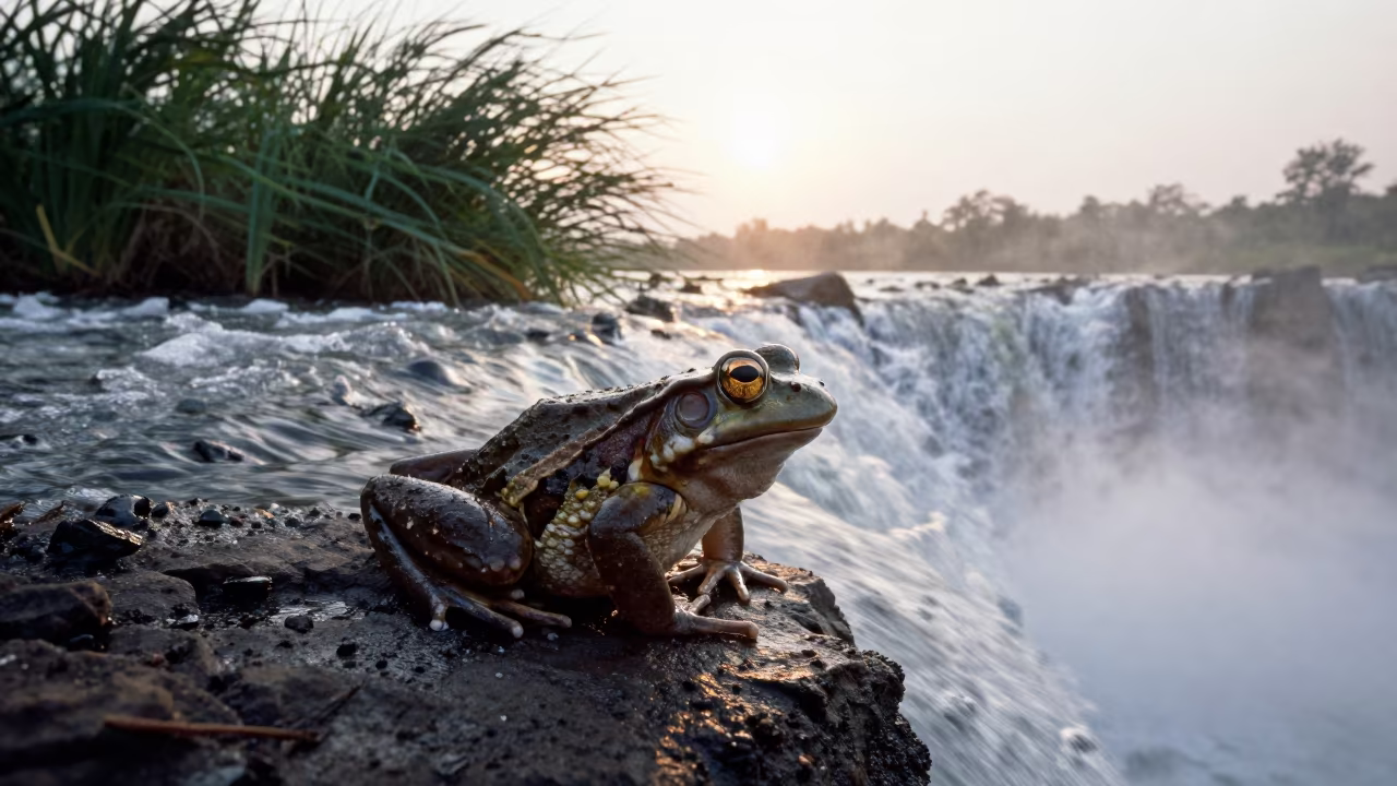 Goliath Frog by West African Waterfall in beside a tidal inlet near Kathmandu