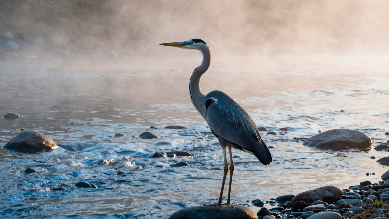 Goliath Heron Standing Glacial Stream Mist Sunset in above a glacial stream near Rangpur
