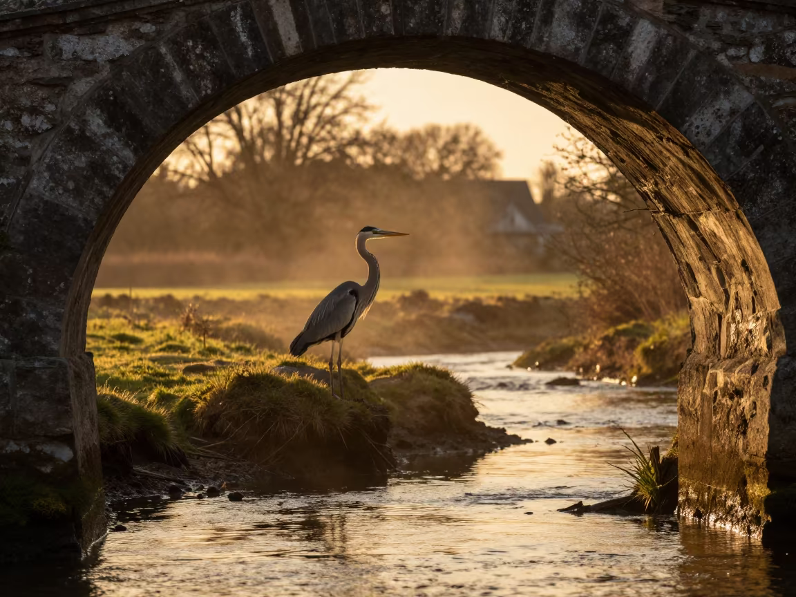 Goliath Heron at Sunset on Normandy Ridge in on a wind-scoured ridge in Normandy