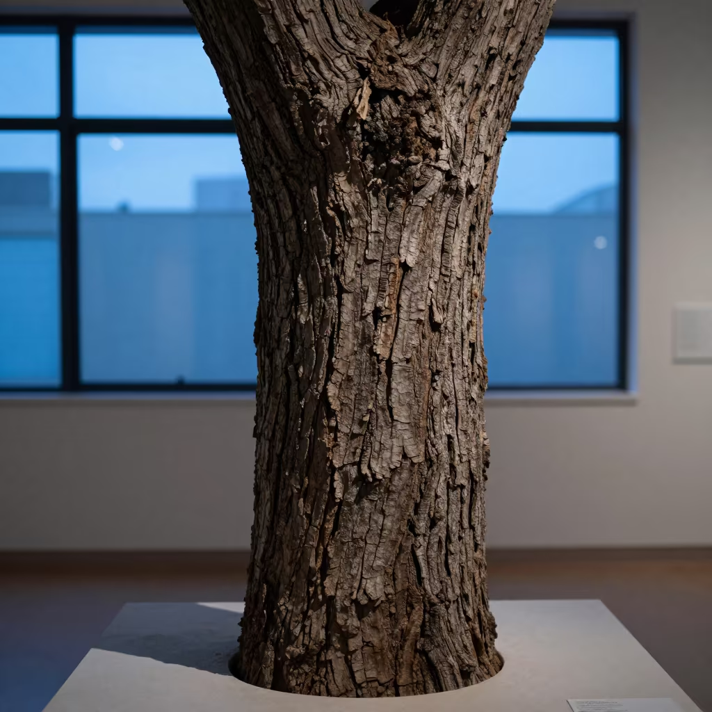 Gonaïves Museum Bark Detail in Blue Hour in on a museum plinth in Gonaïves