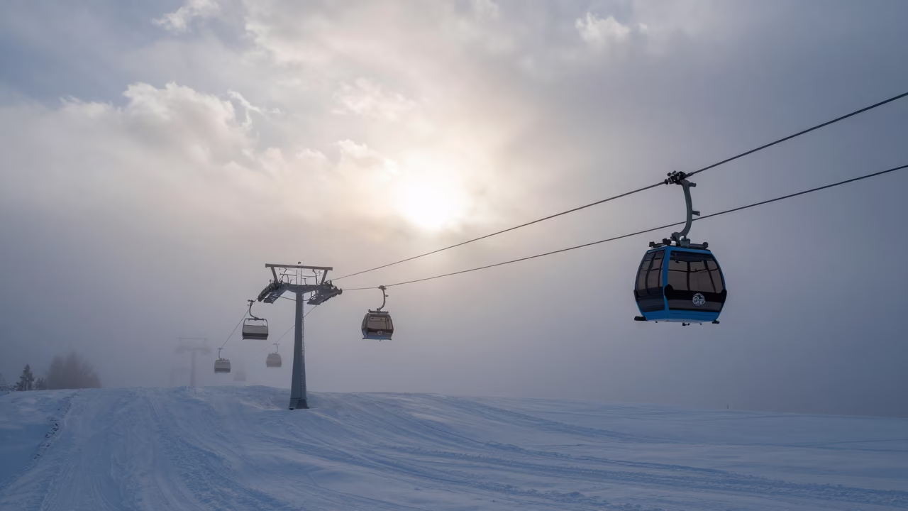 Gondola Above Fog in Banff Spring Morning in beneath a chairlift on a snow-packed run near Banff