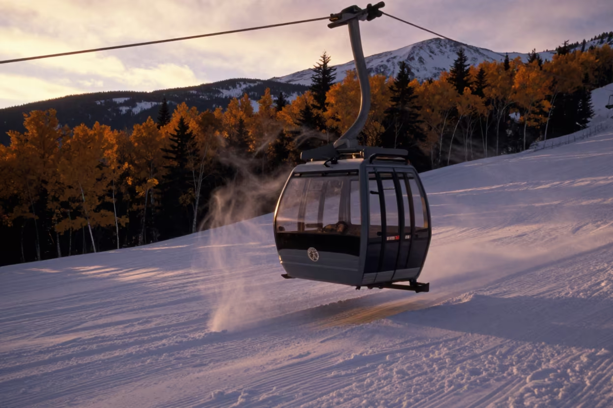 Gondola on Autumn Ski Slope at Sunset in on a groomed ski slope before opening near Banff